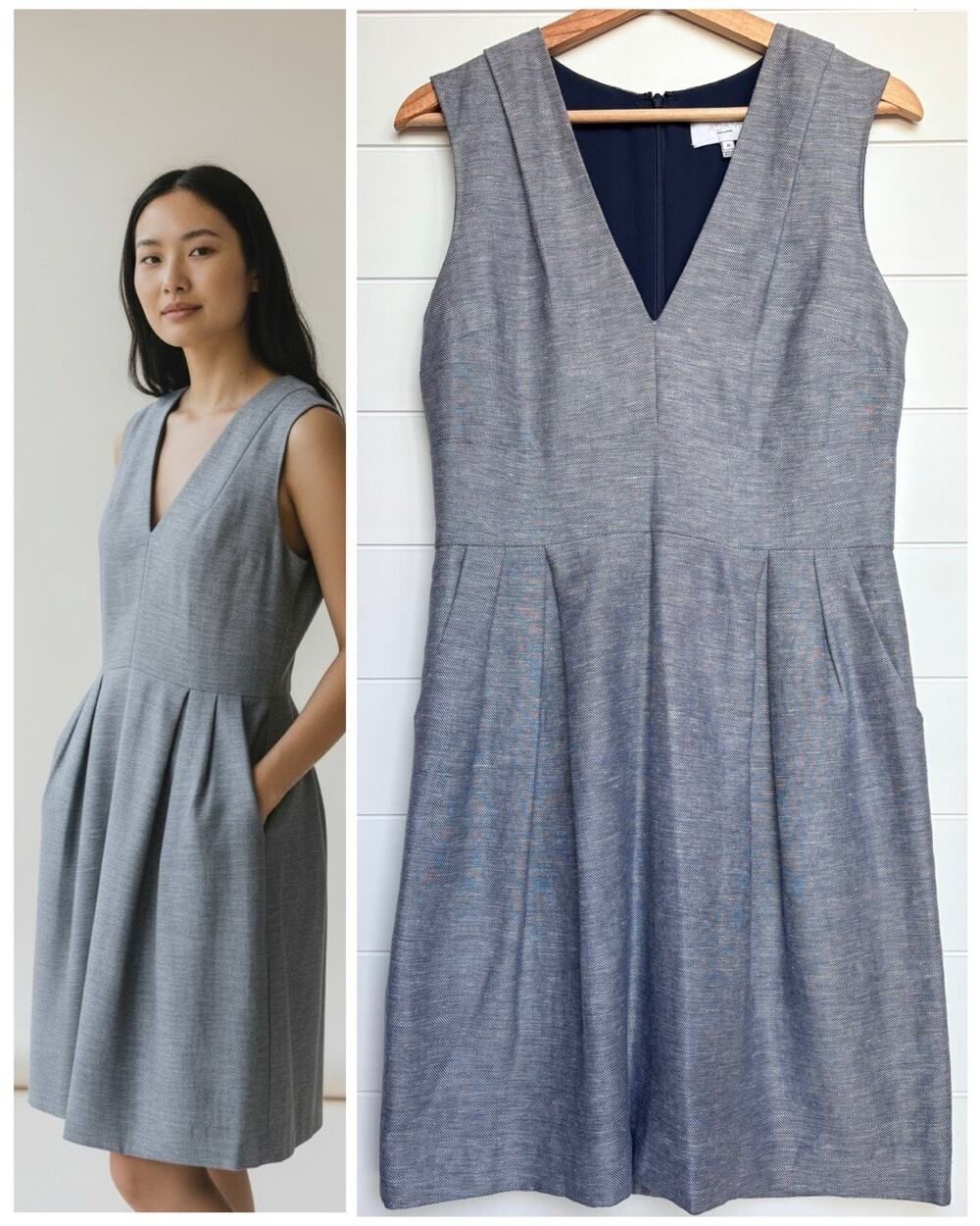 Adam Lippes Linen Cotton‎ Fit & Flare Dress Silk Lined Sleeveless Gray Blue 8